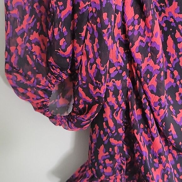 Express Abstract Print Faux Wrap Ruffle Mini Dress Small Red Black Purple - Picture 11 of 16